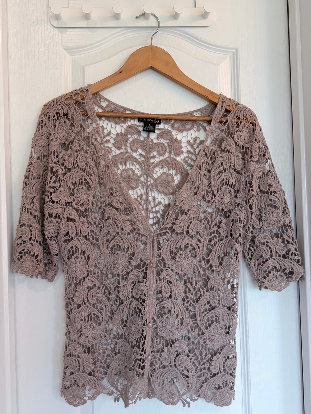 Questions Women’s L Crochet Lace Cardigan Taupe Boho Floral Button Front Cotton